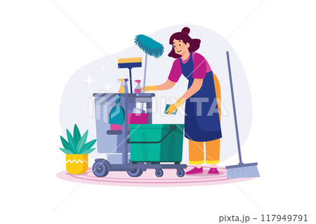 Female cleaning worker with cleaning equipment 117949791