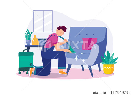 Man cleaning the sofa with the vacuum cleaner Man cleaning the sofa with the vacuum cleaner 117949793