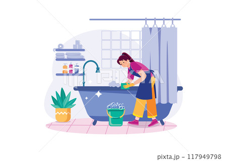 Female cleaner is scrubbing the bathroom 117949798