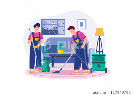 Male worker doing vacuum cleaning the clean floor in the living room 117949799