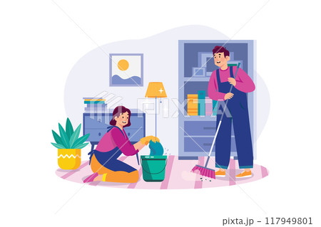 Cleaning worker with bucket and broom 117949801