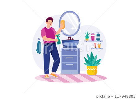 Man cleaning mirror in the bathroom 117949803