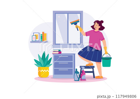 Woman doing window cleaning with cleaning equipment 117949806