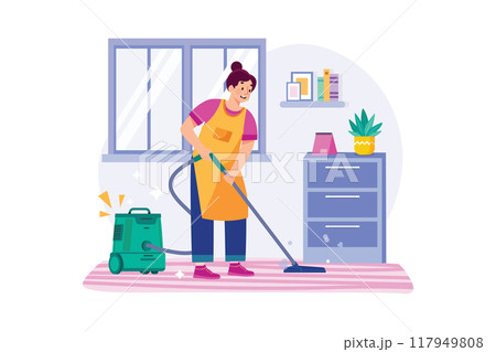 Cleaning worker cleaning floor with the vacuum cleaner 117949808