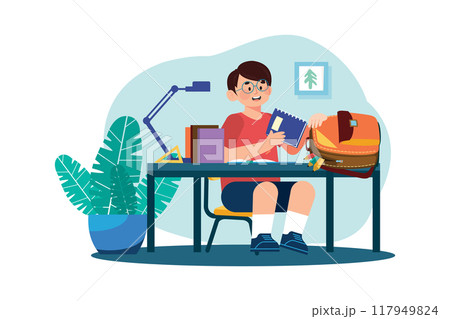 Boy putting books in school bag Illustration concept on white background Boy putting books in school bag Illustration concept on white background 117949824