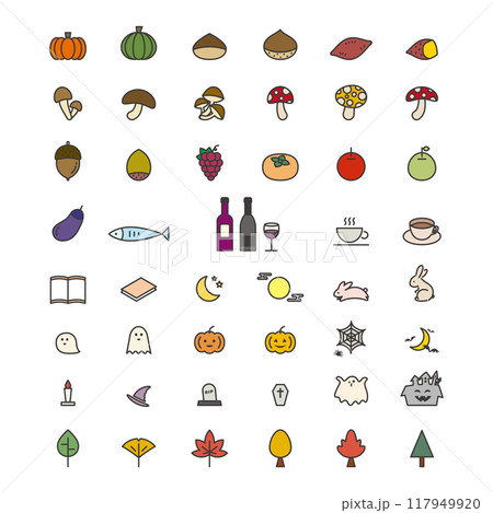 カラフルな秋のアイコンセット ハロウィンと秋の味覚 117949920
