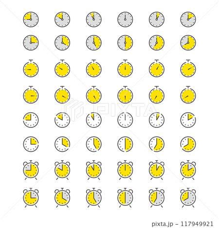 カラフルでかわいい目盛りのある時計のアイコンセット カラフルでかわいい目盛りのある時計のアイコンセット 117949921