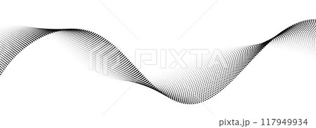 Dotted wave line background. Black halftone undulate pattern. Abstract flowing particle wave wallpaper. Curved dashed gradient net design element for poser, banner, presentation, booklet. Vector 117949934