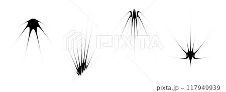 Black thin spiky element set. Abstract sharp thorn shapes and angular twinkles bundle. Futuristic spokes objects for poster, collage, banner, logo, card, icon, label, sticker, badge. Vector 117949939