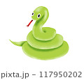 とぐろを巻いて舌を出す緑のかわいいへび 117950202