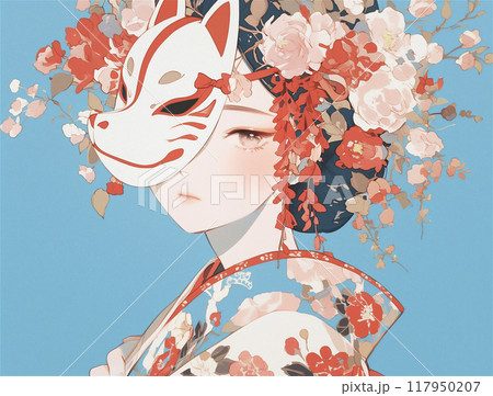 狐のお面を身につけた着物の女性のイラスト 117950207
