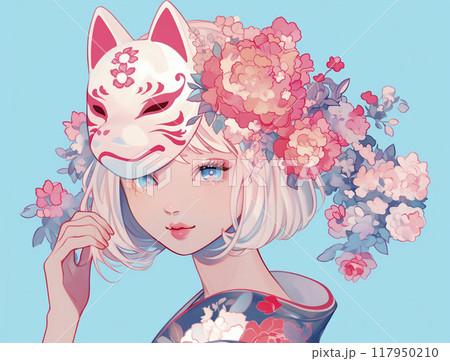 狐のお面を身につけた着物の女性のイラスト 狐のお面を身につけた着物の女性のイラスト 117950210