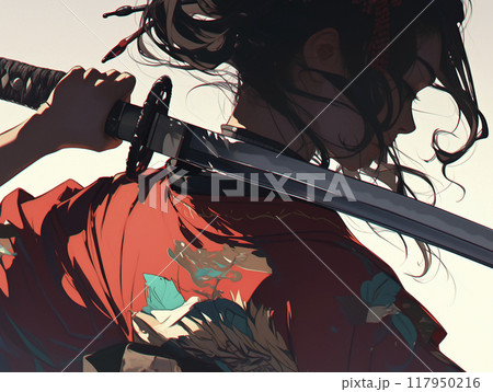 日本刀を肩に担いだ女性のサムライのイラスト 117950216