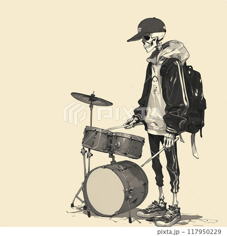 ドラムセットとガイコツボーイのイラスト 117950229