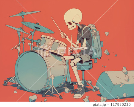 ドラムセットとガイコツボーイのイラスト 117950230