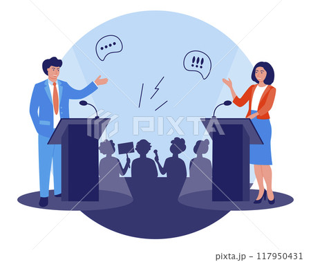 Election campaign. Political company. Political debates and discussions with candidates. Public speaking in front of an audience. Vector illustration in the flat style. Election campaign. Political company. Political debates and discussions with candidates. Public speaking in front of an audience. Vector illustration in the flat style. 117950431