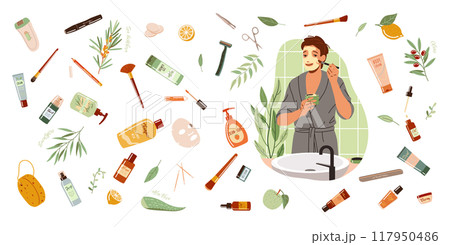 Man applying facial mask among cosmetic products pattern Man applying facial mask among cosmetic products pattern 117950486