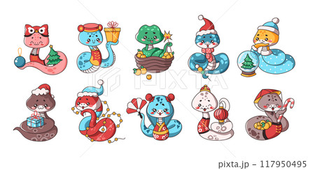 Kawaii snakes as new year mascot flat vector illustrations 117950495