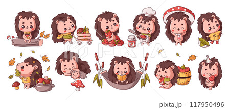 Little hedgehogs activities flat color vector illustrations 117950496