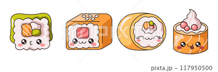 Funny sushi rolls and sashimi flat vector illustration set 117950500