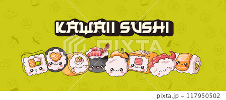 Cute sushi rolls characters set color vector banner design Cute sushi rolls characters set color vector banner design 117950502