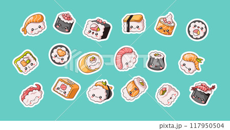 Sushi rolls happy faces flat vector illustration stickers Sushi rolls happy faces flat vector illustration stickers 117950504