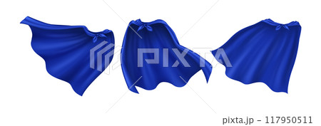 Hero blue silk cloaks realistic vector illustration set Hero blue silk cloaks realistic vector illustration set 117950511