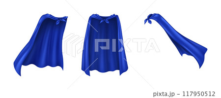 Hero blue silk cloaks realistic vector illustration set Hero blue silk cloaks realistic vector illustration set 117950512