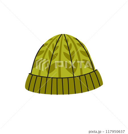 Autumn cozy knitted green hat. Stylish outwear for fall season. Vector flat illustration. Outwear for cold weather Autumn cozy knitted green hat. Stylish outwear for fall season. Vector flat illustration. Outwear for cold weather 117950637