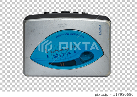 Old silver cassette player. Used. Isolated on transparent background 117950686