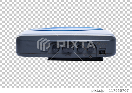 Old silver cassette player. Used. Isolated on transparent background Old silver cassette player. Used. Isolated on transparent background 117950707