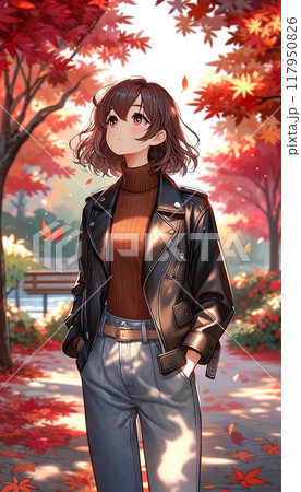 紅葉とショートボブ女子 117950826