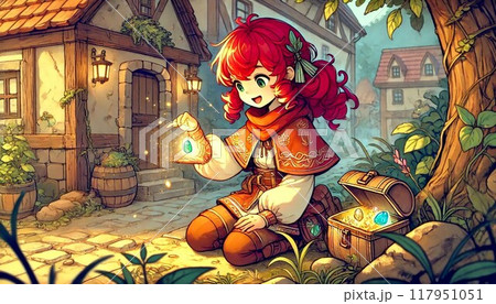 宝石を手に入れて喜ぶ冒険者の少女 117951051