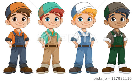 Four Cartoon Boys in Overalls 117951110