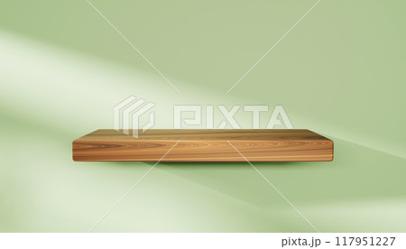 3d wooden shelf on green wall background with light and shadow render. Living room or kitchen interior product podium. Natural empty wood bookshelf mockup for goods display in library. 3D illustration 3d wooden shelf on green wall background with light and shadow render. Living room or kitchen interior product podium. Natural empty wood bookshelf mockup for goods display in library. 3D illustration 117951227