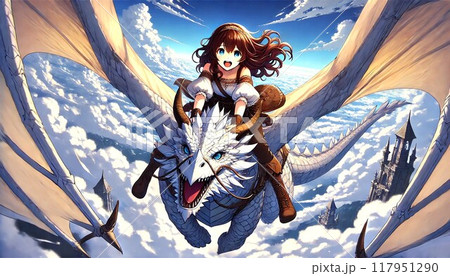 空を飛ぶ白いドラゴンに乗る冒険少女のファンタジー 117951290