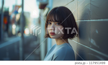 ボブヘアーの日本人女性のポートレート 117951499