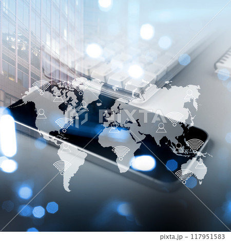 A cell phone with a world map on it 117951583