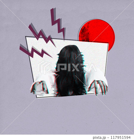 A ghost woman with long hair is shown with a red moon in the background 117951594