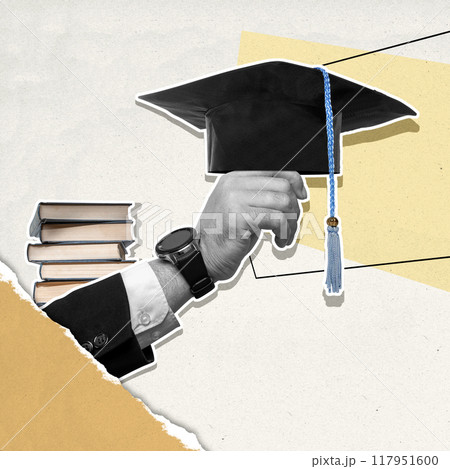 A businessman is holding a graduation cap and a watch 117951600