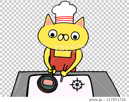 Cat grilling salmon Cat grilling salmon 117951726