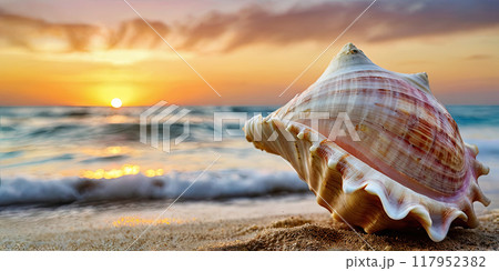 beautiful seashell rests on the sandy beach 117952382