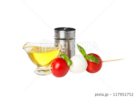 PNG, Caprese salad on a skewer with oil, isolated on white background 117952752