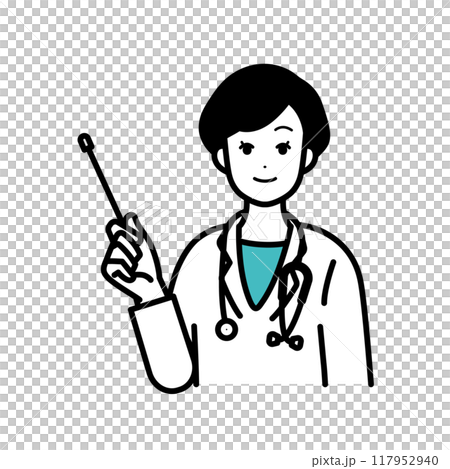医師　指し棒を持って説明するイラスト 117952940