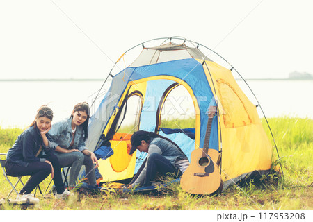 Camping outdoor. Group friends camping leisure and destination travel. Camping outdoor. Group friends camping leisure and destination travel. 117953208