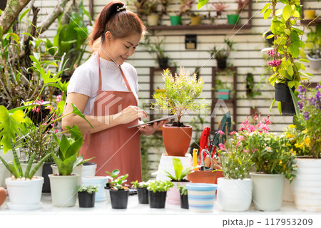 Gardener asia woman receipt order customer and sale plant flower online on laptop in garden. Gardener asia woman receipt order customer and sale plant flower online on laptop in garden. 117953209