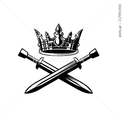 Illustration of king crown and crossed swords in monochrome style. Design element for logo, emblem, sign, poster, t shirt. Vector illustration 117953302