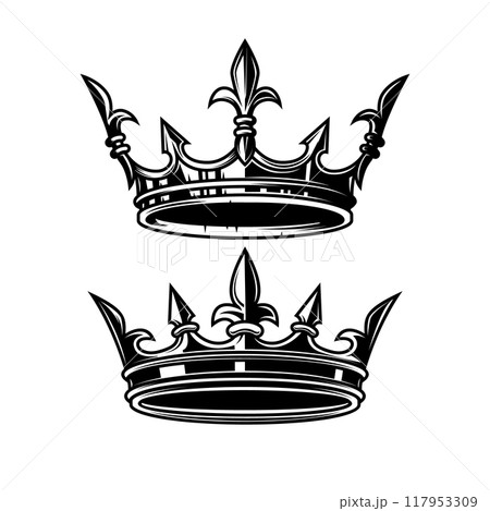 Illustration of king crown in monochrome style. Design element for logo, emblem, sign, poster, t shirt. Vector illustration 117953309
