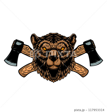 Bear with axes. Design element for poster, emblem, sign, logo, label. Vector illustration Bear with axes. Design element for poster, emblem, sign, logo, label. Vector illustration 117953314