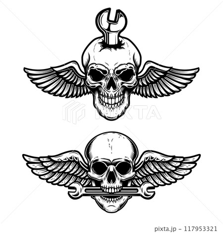 Winged skull with wrench. Design element for logo, label, sign. Vector illustration Winged skull with wrench. Design element for logo, label, sign. Vector illustration 117953321